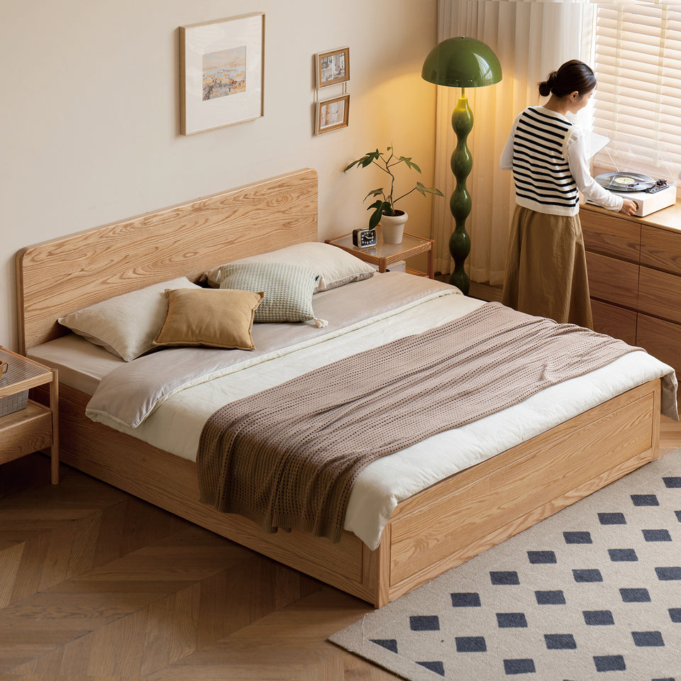 Scandinavian oak wood storage bed solace with context.
