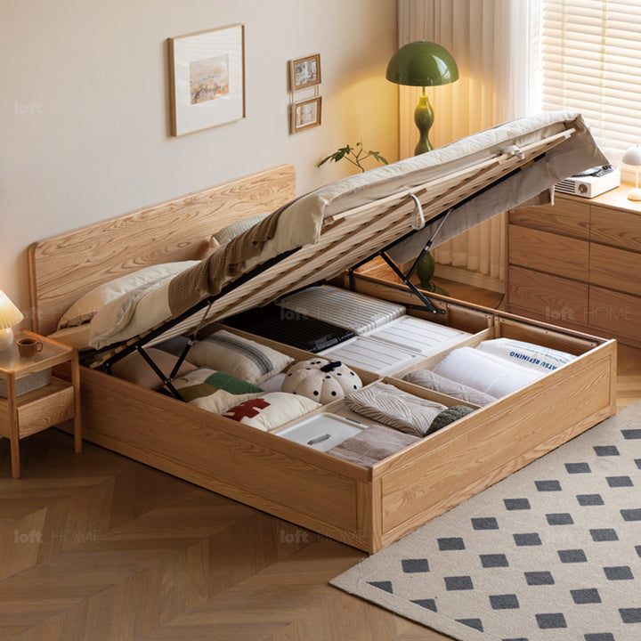 Scandinavian oak wood storage bed solace in details.