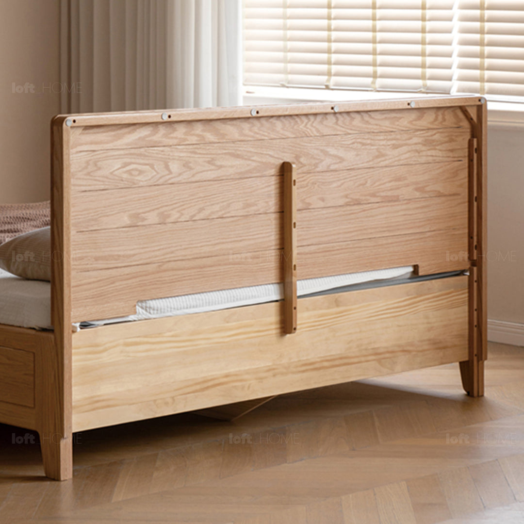 Scandinavian oak wood storage bed vault in panoramic view.