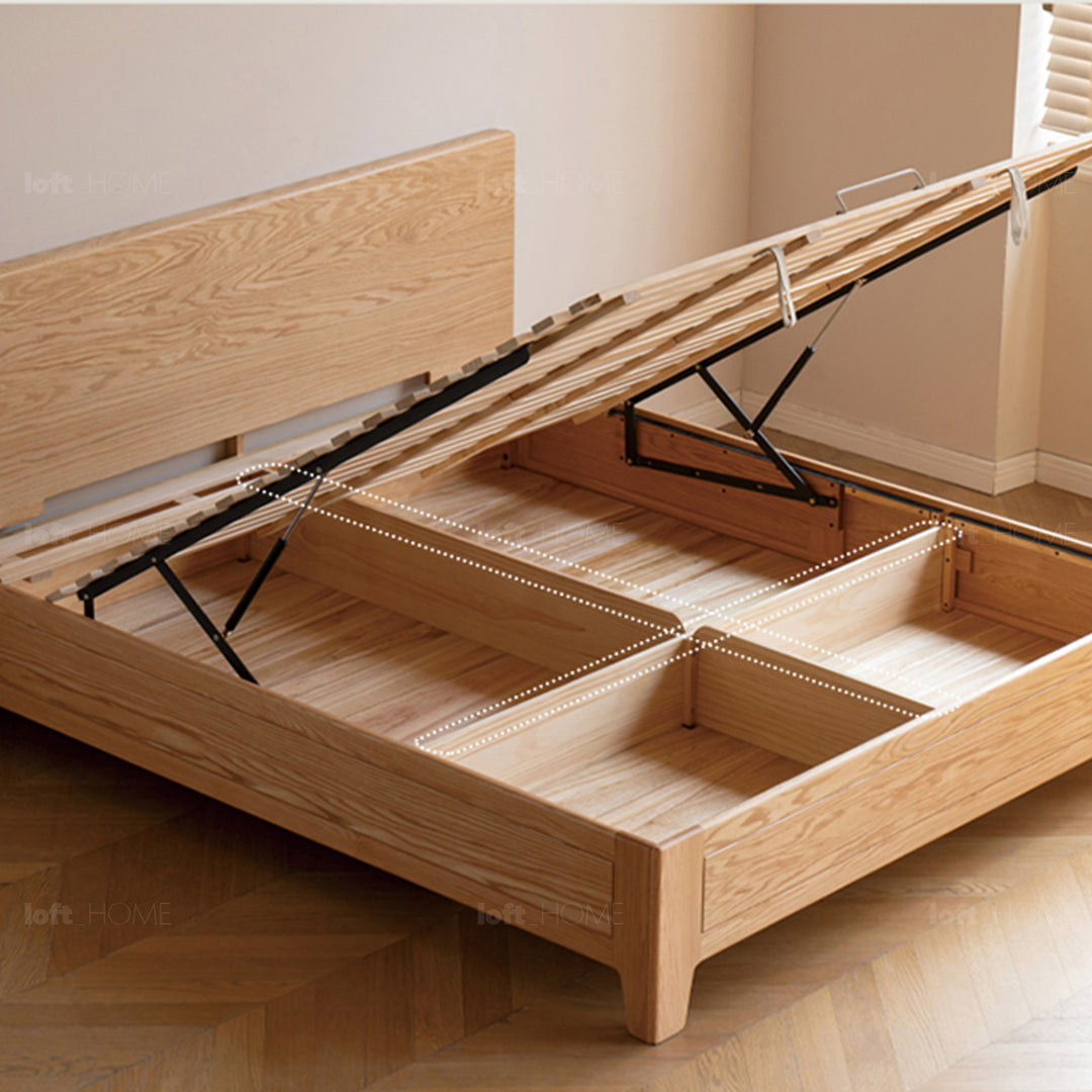 Scandinavian oak wood storage bed vault in still life.