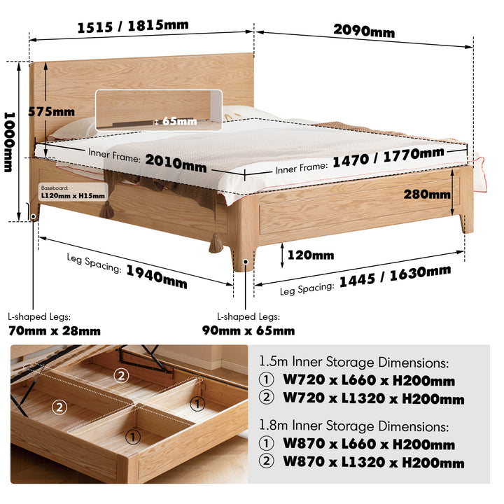 Scandinavian oak wood storage bed vault size charts.