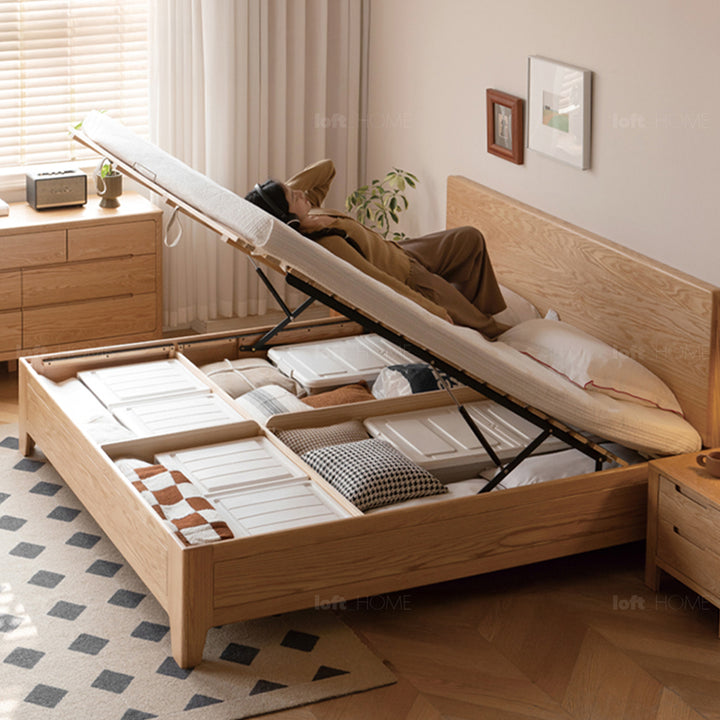 Scandinavian oak wood storage bed vault with context.