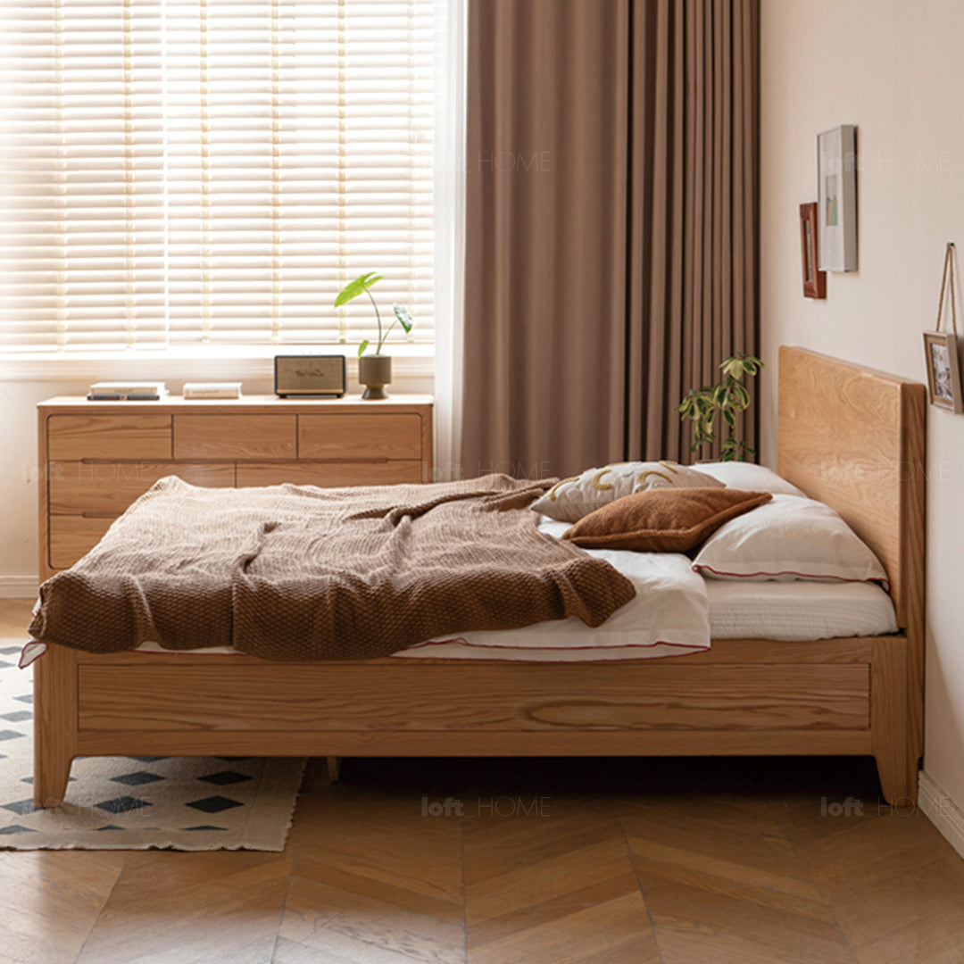 Scandinavian oak wood storage bed vault in details.