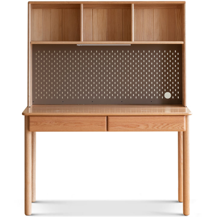 Scandinavian oak wood study table with shelf lumeo in white background.