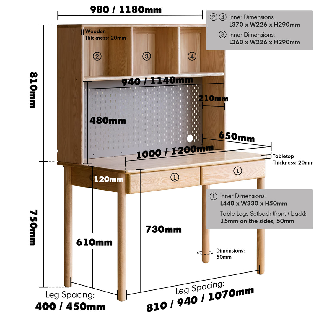 Scandinavian oak wood study table with shelf lumeo color swatches.