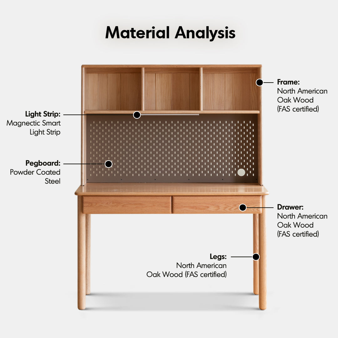 Scandinavian oak wood study table with shelf lumeo detail 19.