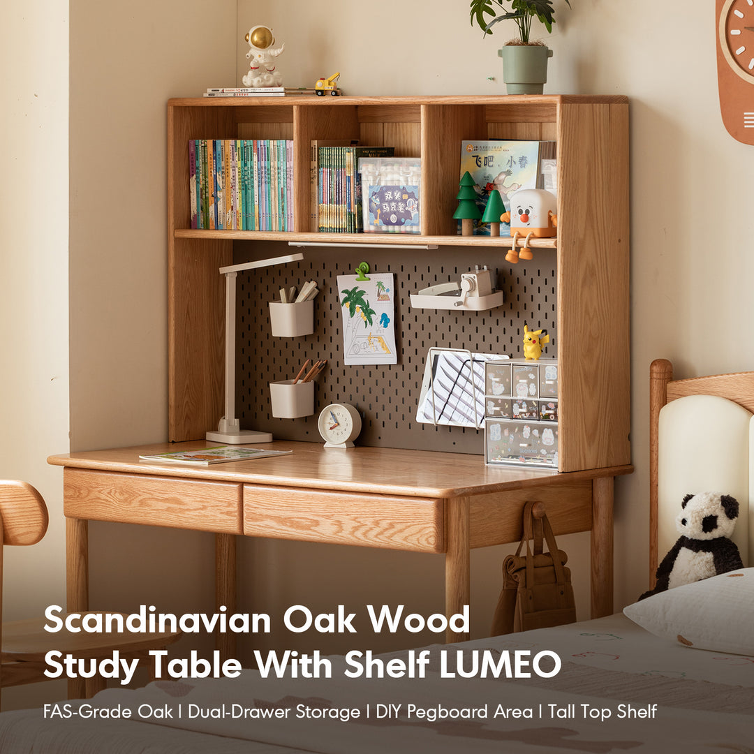 Scandinavian oak wood study table with shelf lumeo with context.