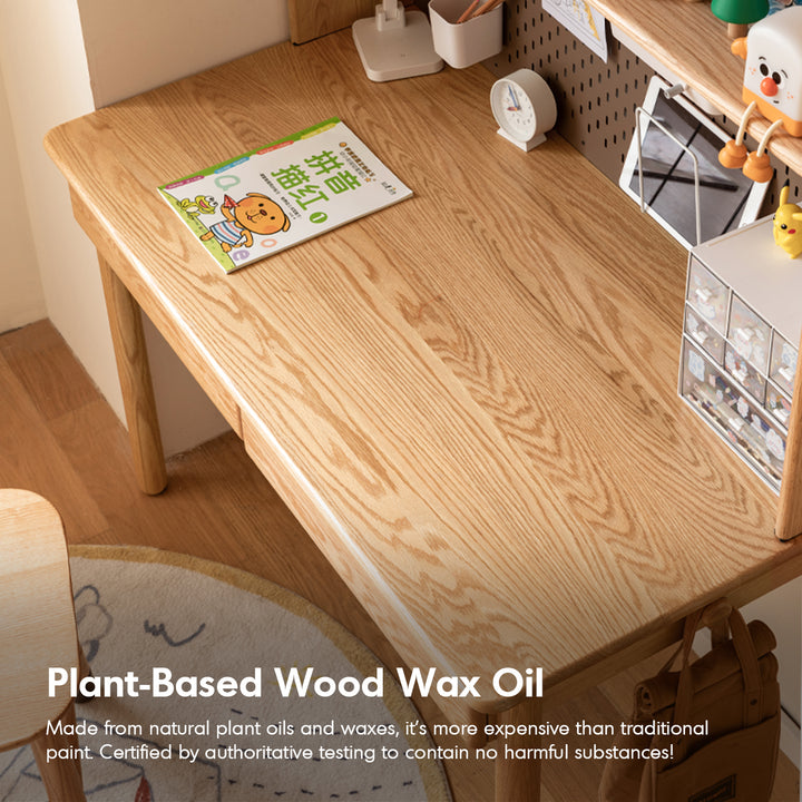 Scandinavian oak wood study table with shelf lumeo in panoramic view.