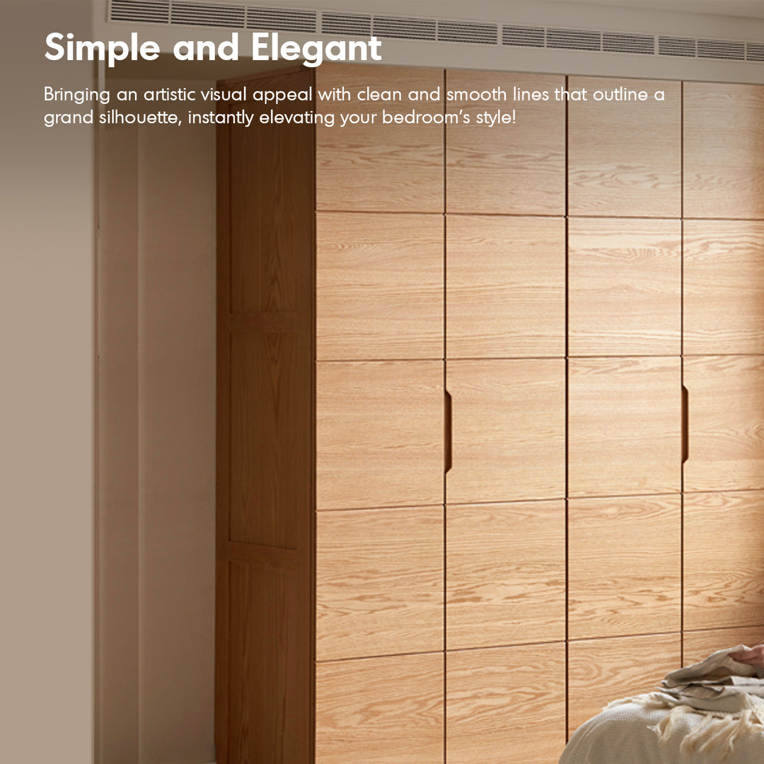 Scandinavian oak wood swing door wardrobe nestle in close up details.