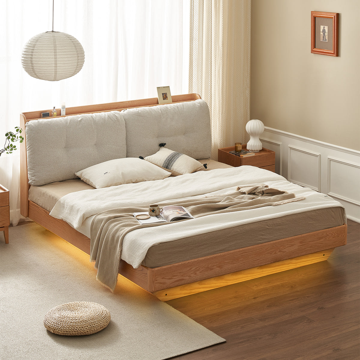 Scandinavian oak wood chenille velvet fabric floating storage bed haven detail 13.