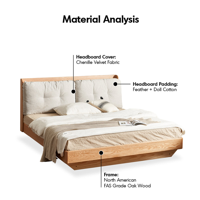 Scandinavian oak wood chenille velvet fabric floating storage bed haven detail 11.