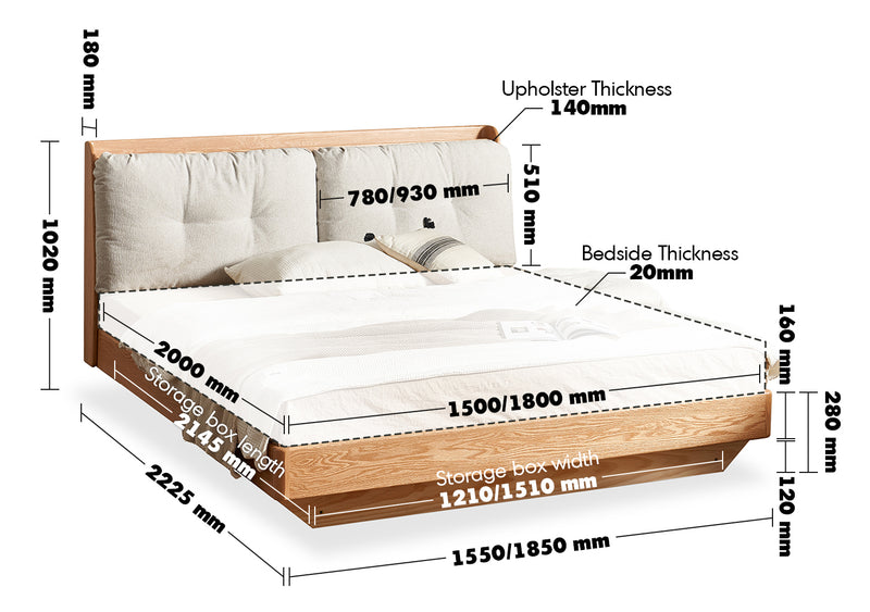 Scandinavian Oak Wood Chenille Velvet Fabric Floating Storage Bed HAVEN Size Chart
