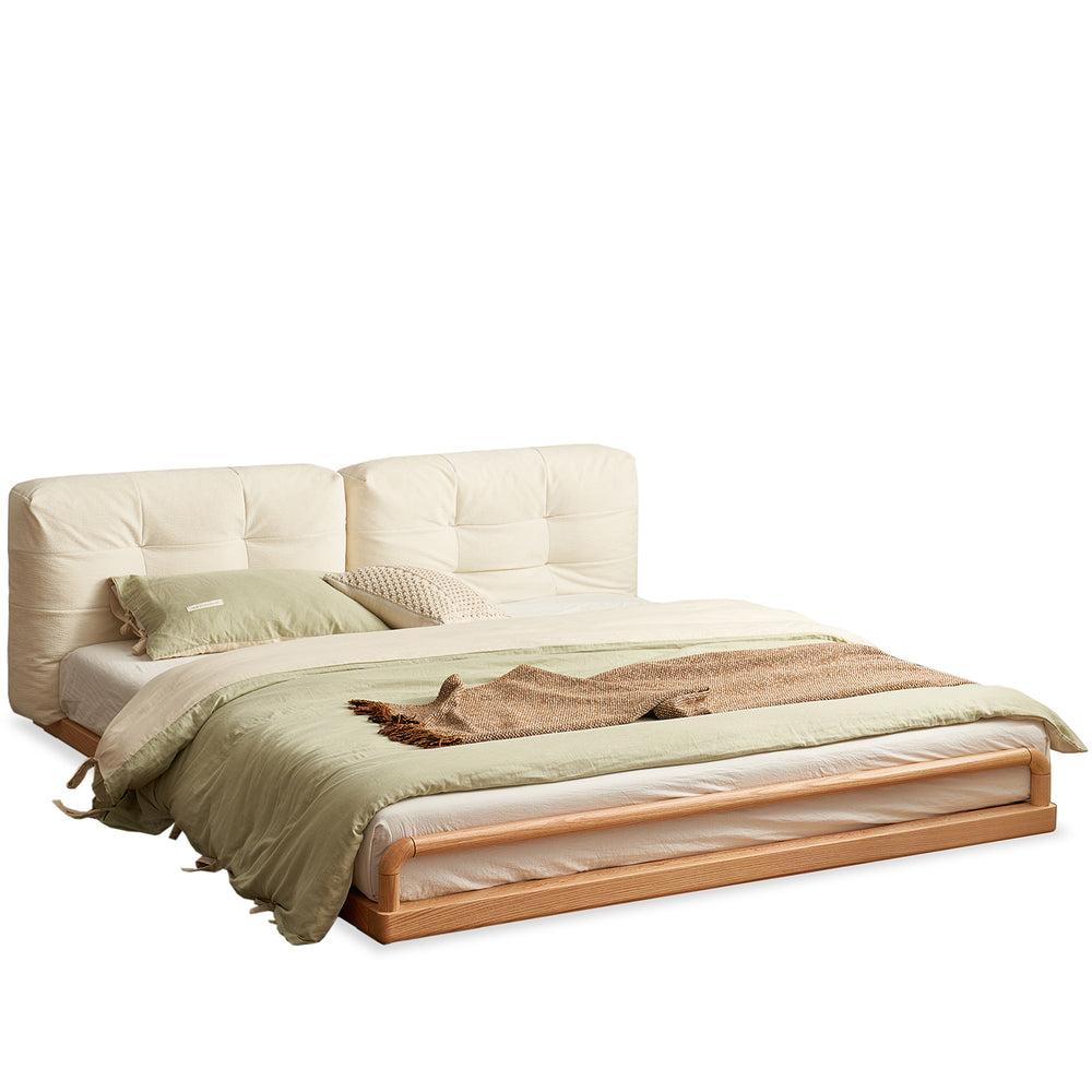 Scandinavian oak wood velvet cat scratch resistant fabric floor tatami bed cloud in white background.