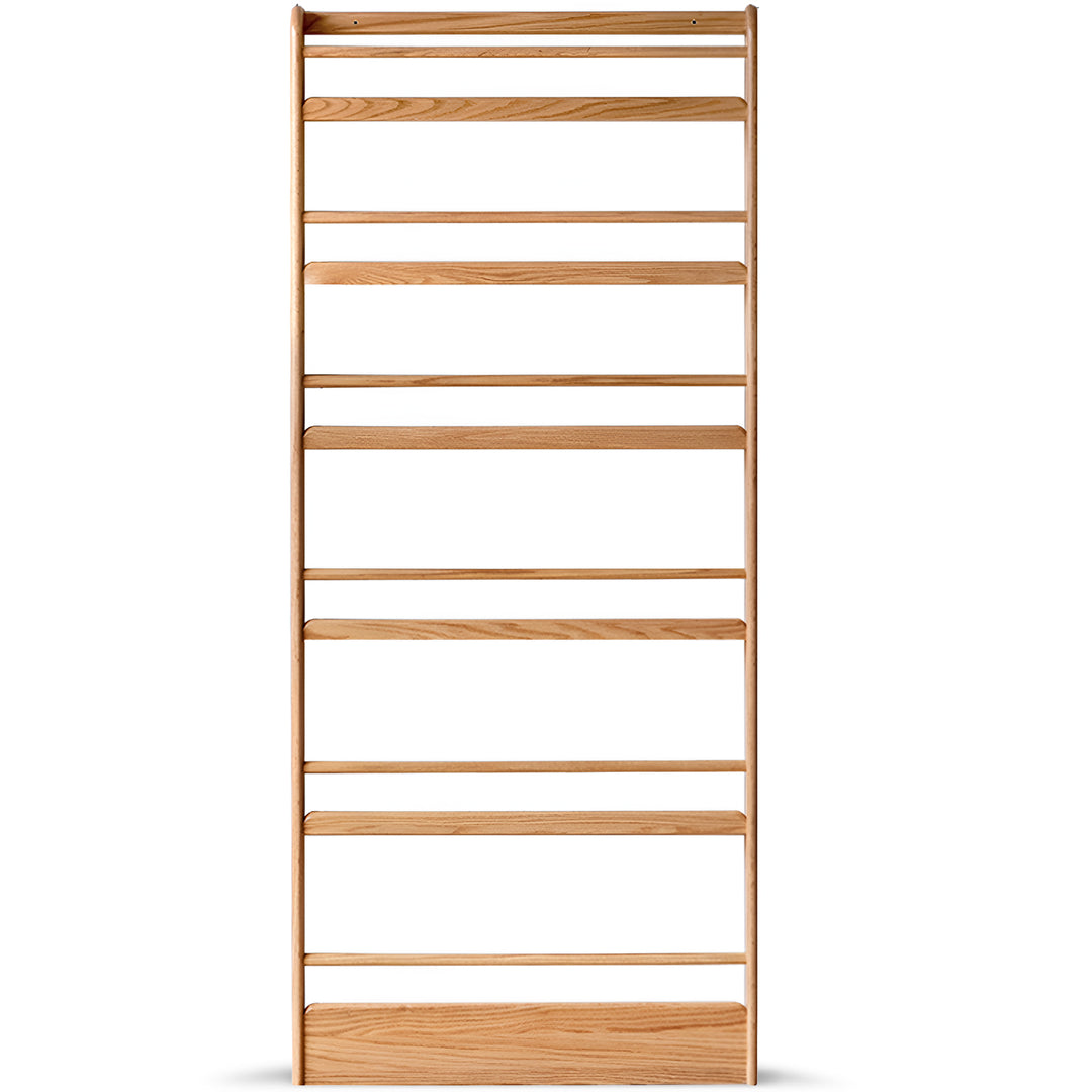 Scandinavian oak wood wall shelf bookshelf spire in white background.