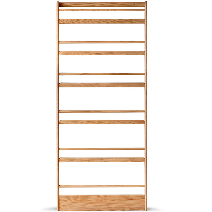 Scandinavian oak wood wall shelf bookshelf spire in white background.