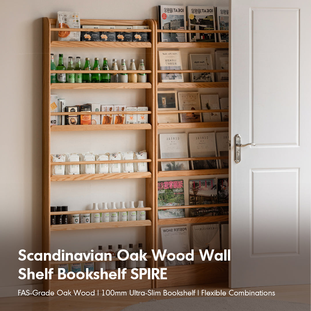 Scandinavian oak wood wall shelf bookshelf spire with context.