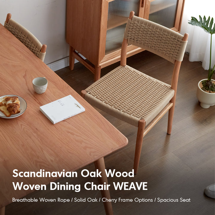 Scandinavian oak wood woven dining chair weave material variants.