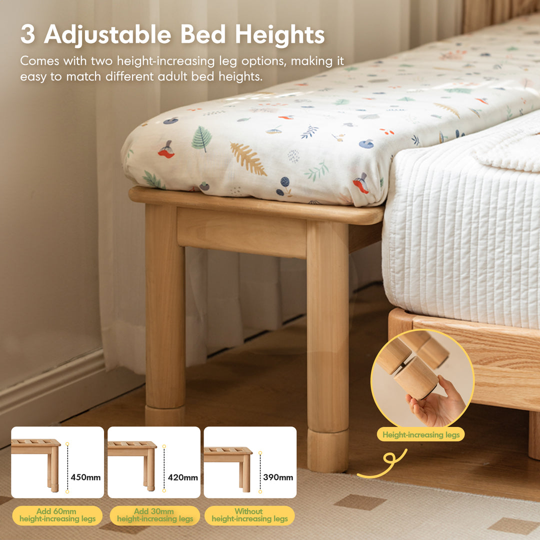 Scandinavian poplar wood extended splicing bed frame sela in close up details.