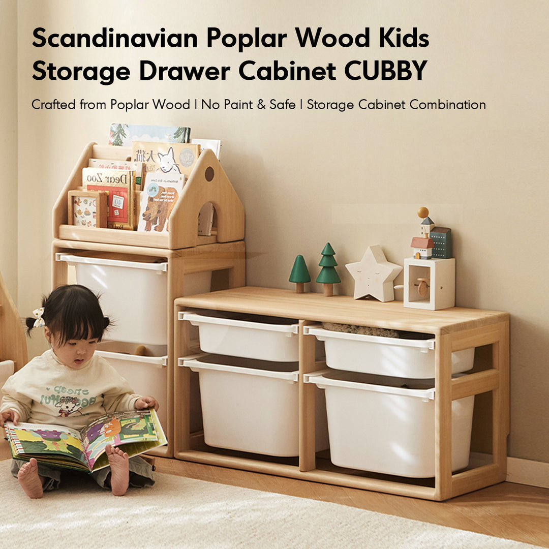 Scandinavian poplar wood kids storage drawer cabinet cubby in details.