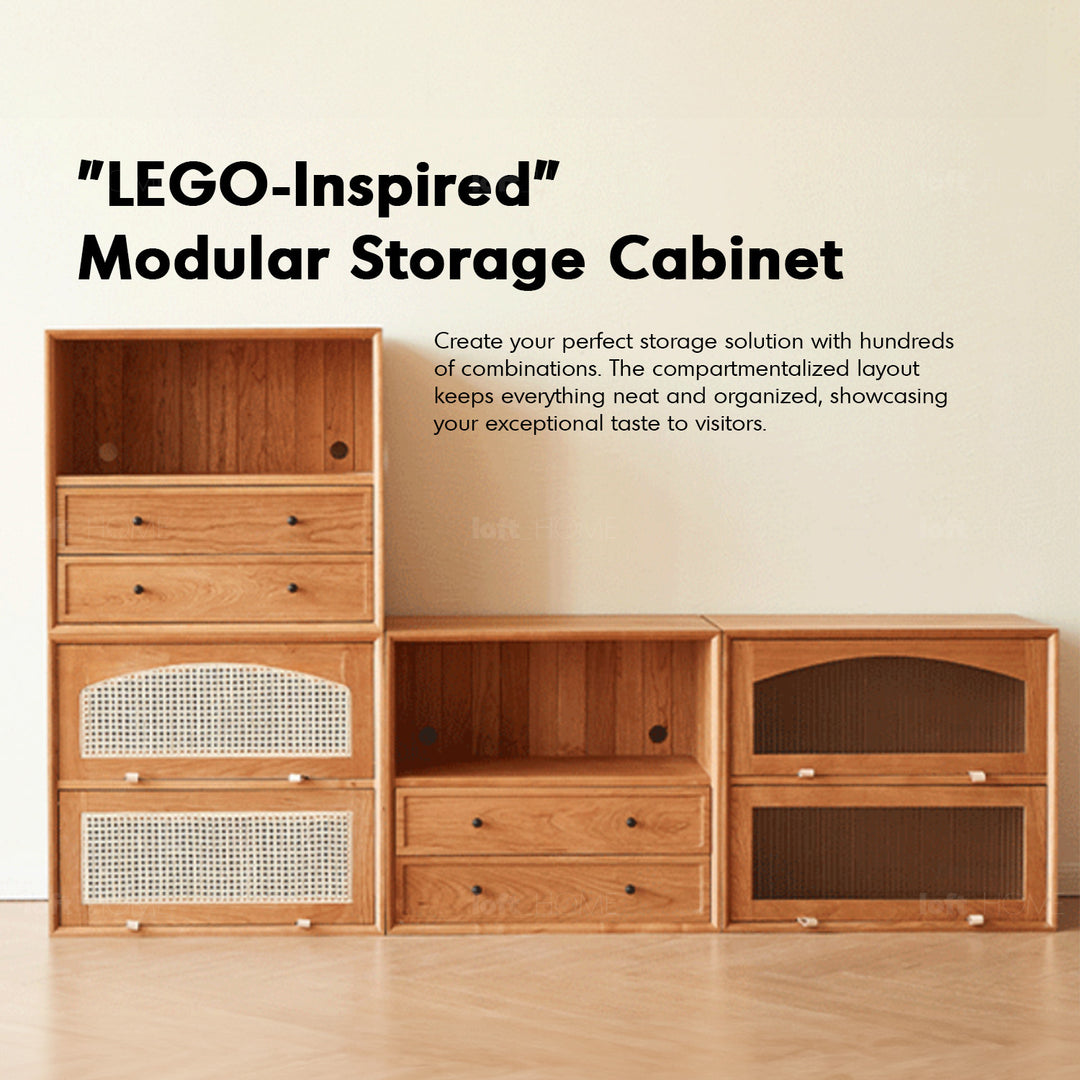 Scandinavian rattan cherry wood modular drawer cabinet stacko layered structure.