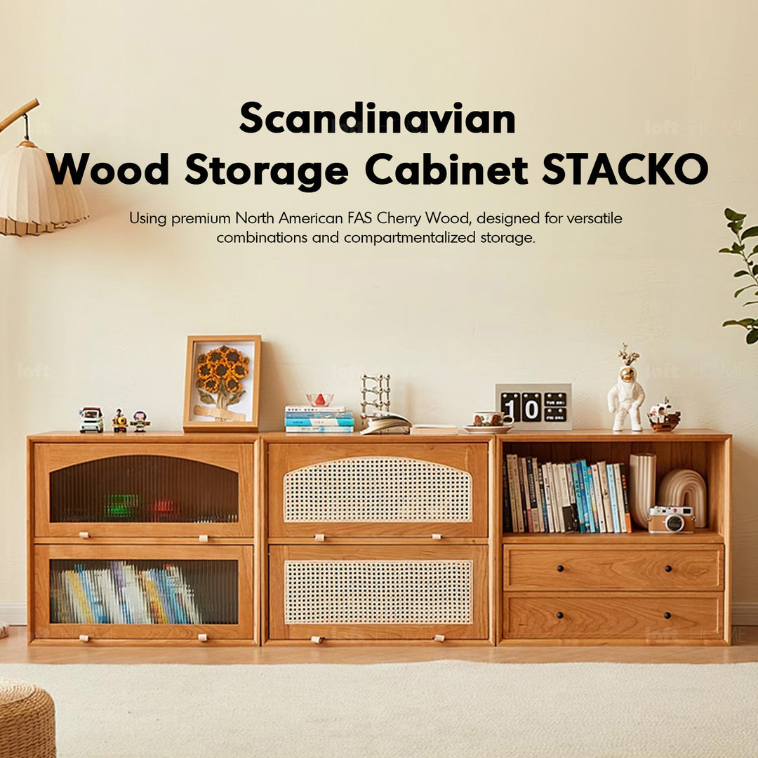 Scandinavian rattan cherry wood modular drawer cabinet stacko material variants.