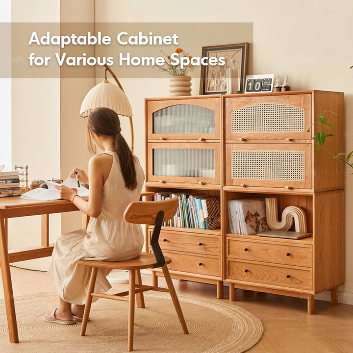 Scandinavian rattan cherry wood modular drawer cabinet stacko in real life style.