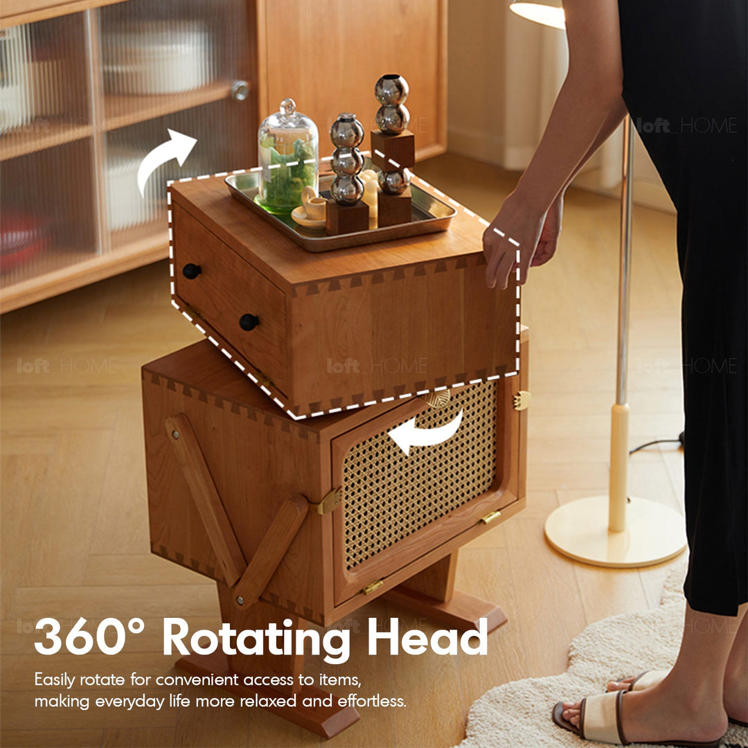 Scandinavian rattan cherry wood revolving side table bot in details.