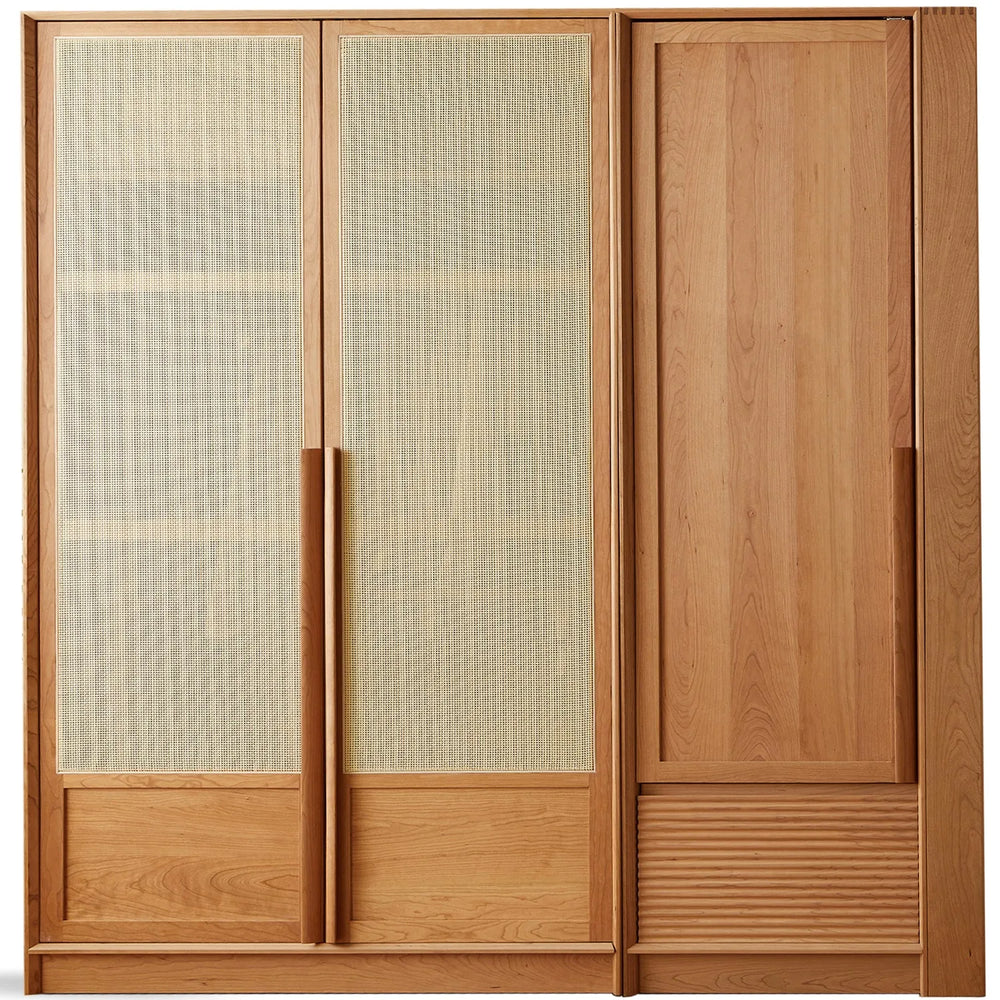 Scandinavian rattan cherry wood wardrobe blossom in white background.