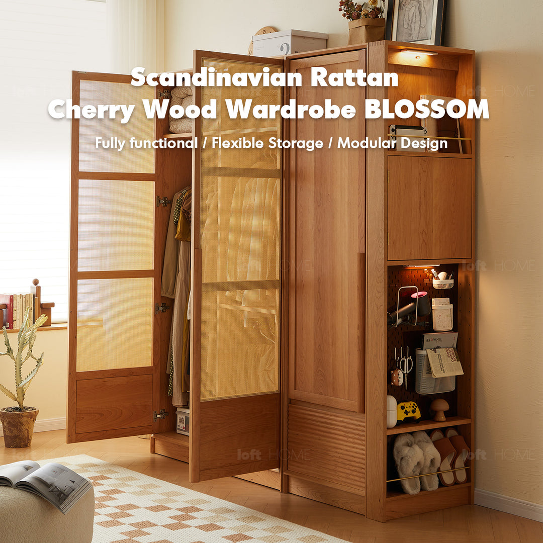 Scandinavian rattan cherry wood wardrobe blossom in details.