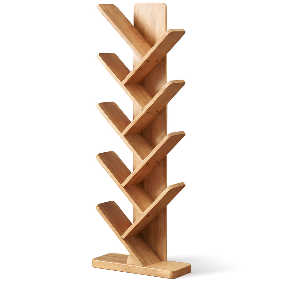 Scandinavian rubber wood bookshelf tree in white background.