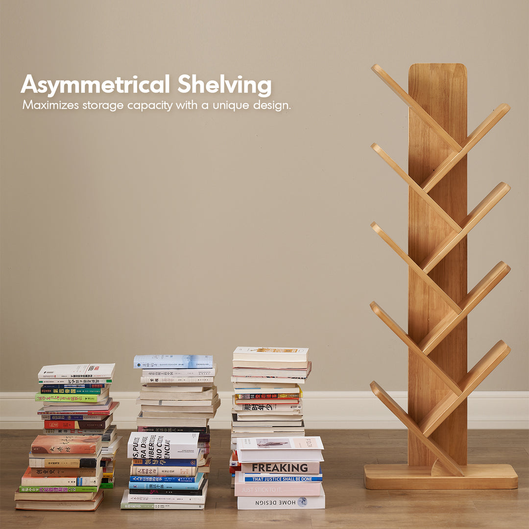 Scandinavian rubber wood bookshelf tree in panoramic view.