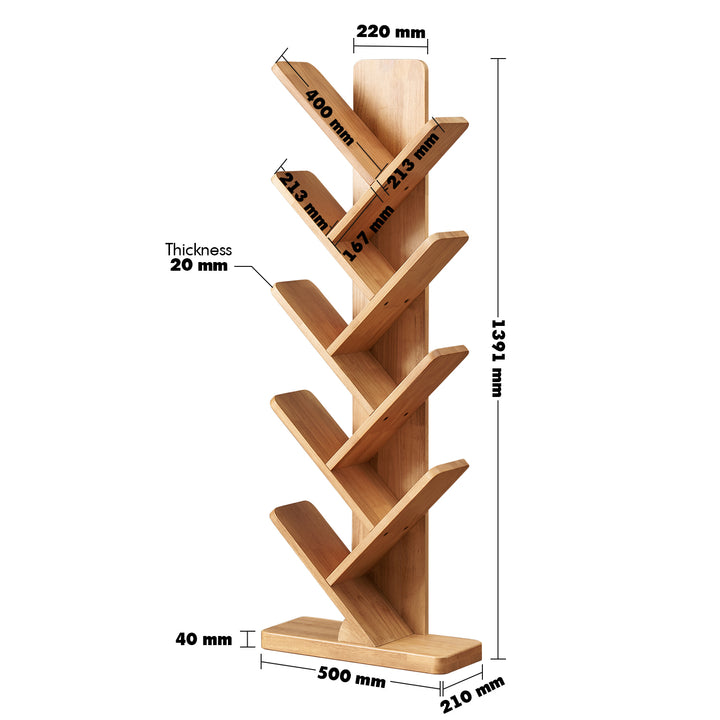 Scandinavian rubber wood bookshelf tree size charts.