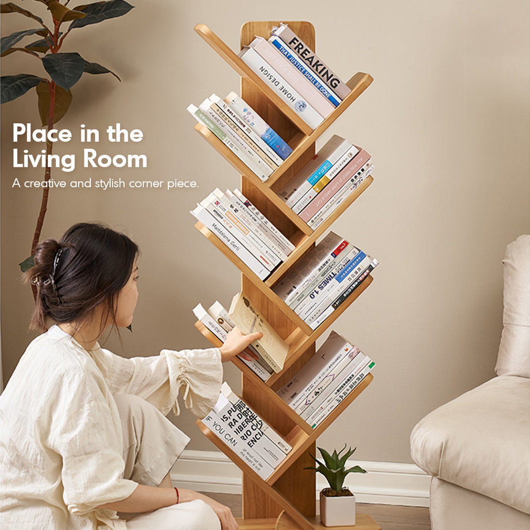 Scandinavian rubber wood bookshelf tree in details.