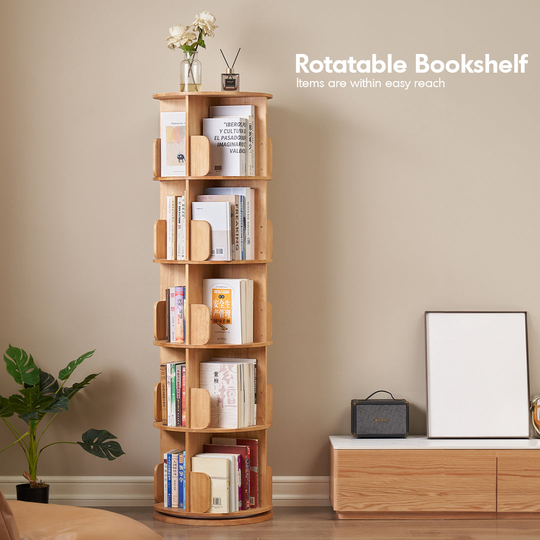 Scandinavian rubber wood revolving bookshelf ireland with context.