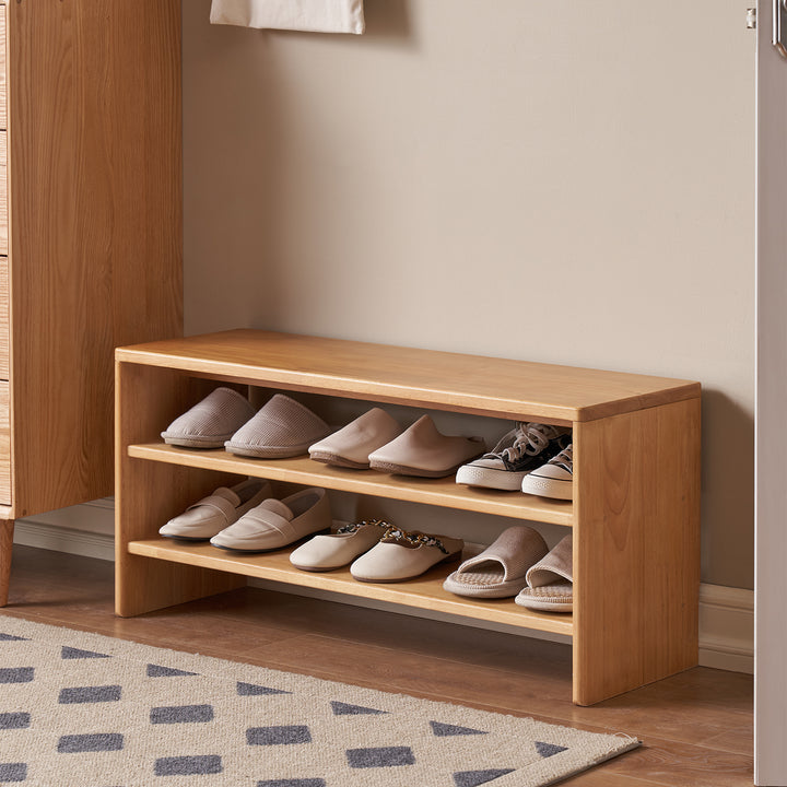 Scandinavian rubber wood shoe shelf footstool bench with cushion sit layered structure.