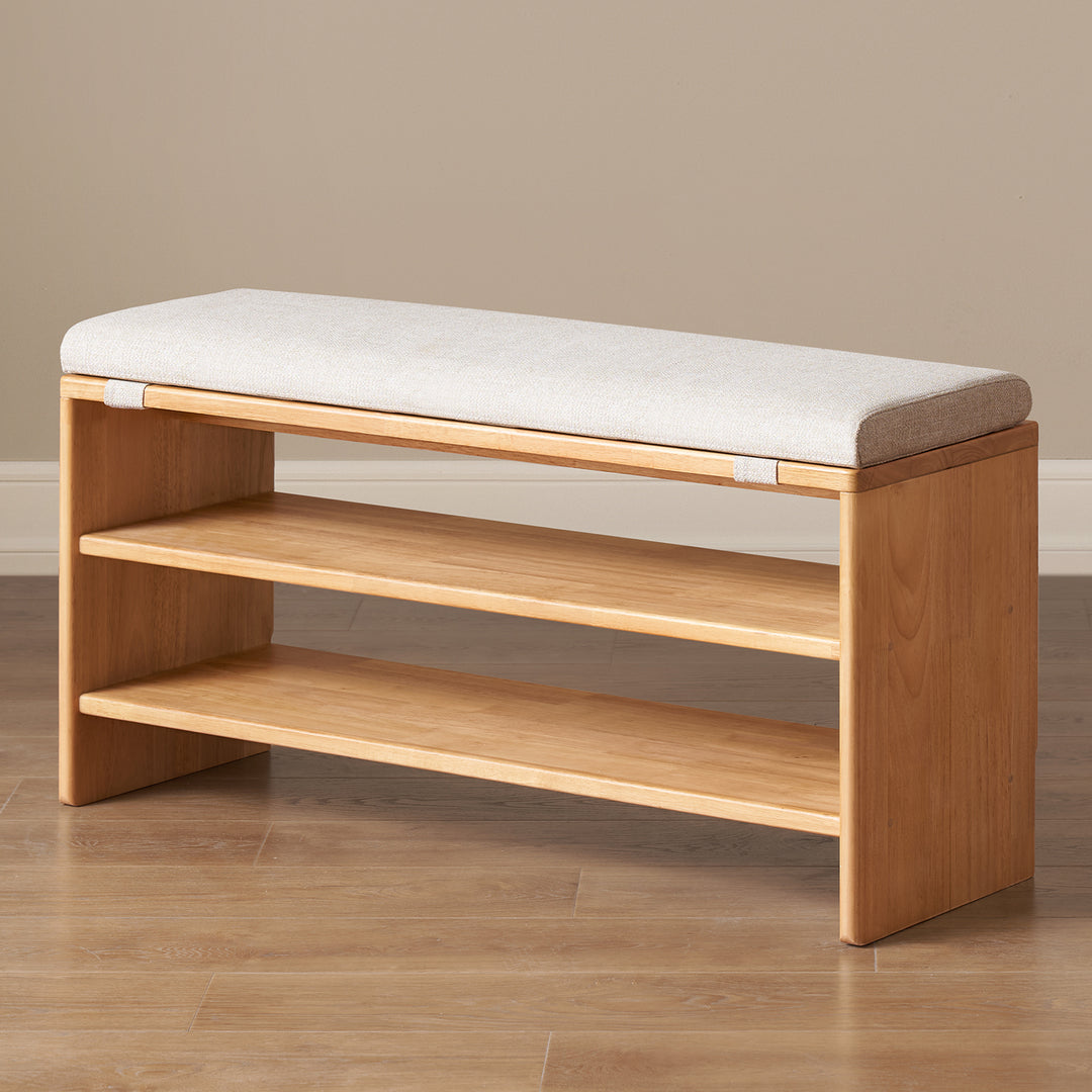 Scandinavian rubber wood shoe shelf footstool bench with cushion sit detail 4.