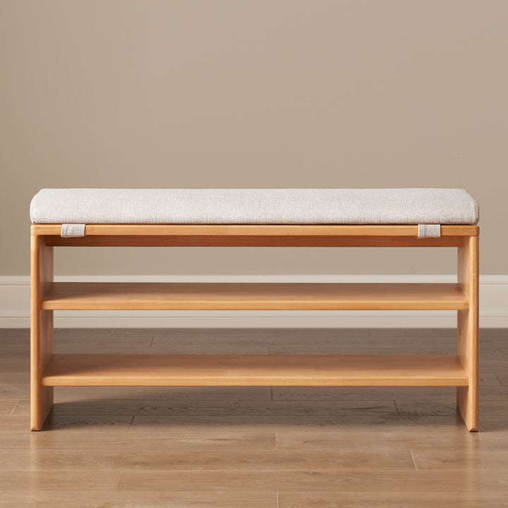 Scandinavian rubber wood shoe shelf footstool bench with cushion sit detail 5.