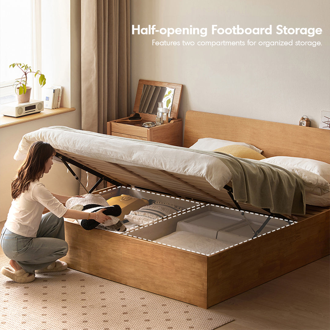 Scandinavian rubber wood storage bed base with context.