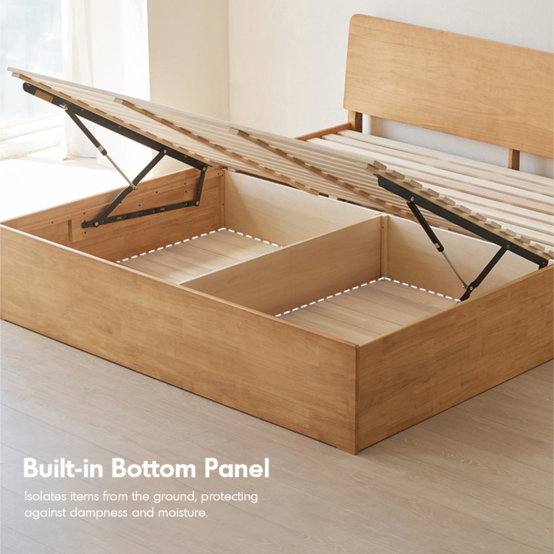 Scandinavian rubber wood storage bed base in details.