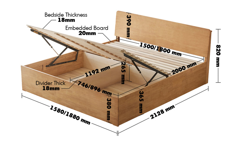 Scandinavian Rubber Wood Storage Bed BASE Size Chart