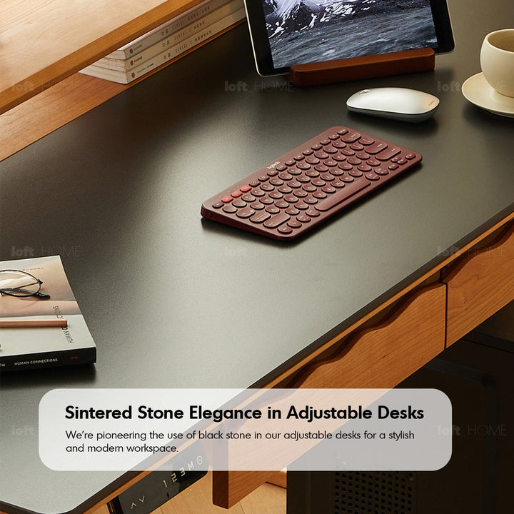 Scandinavian sintered stone electric height adjustable study table serene in close up details.