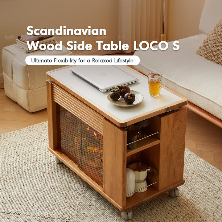 Scandinavian sintered stone height adjustable coffee table loco in real life style.