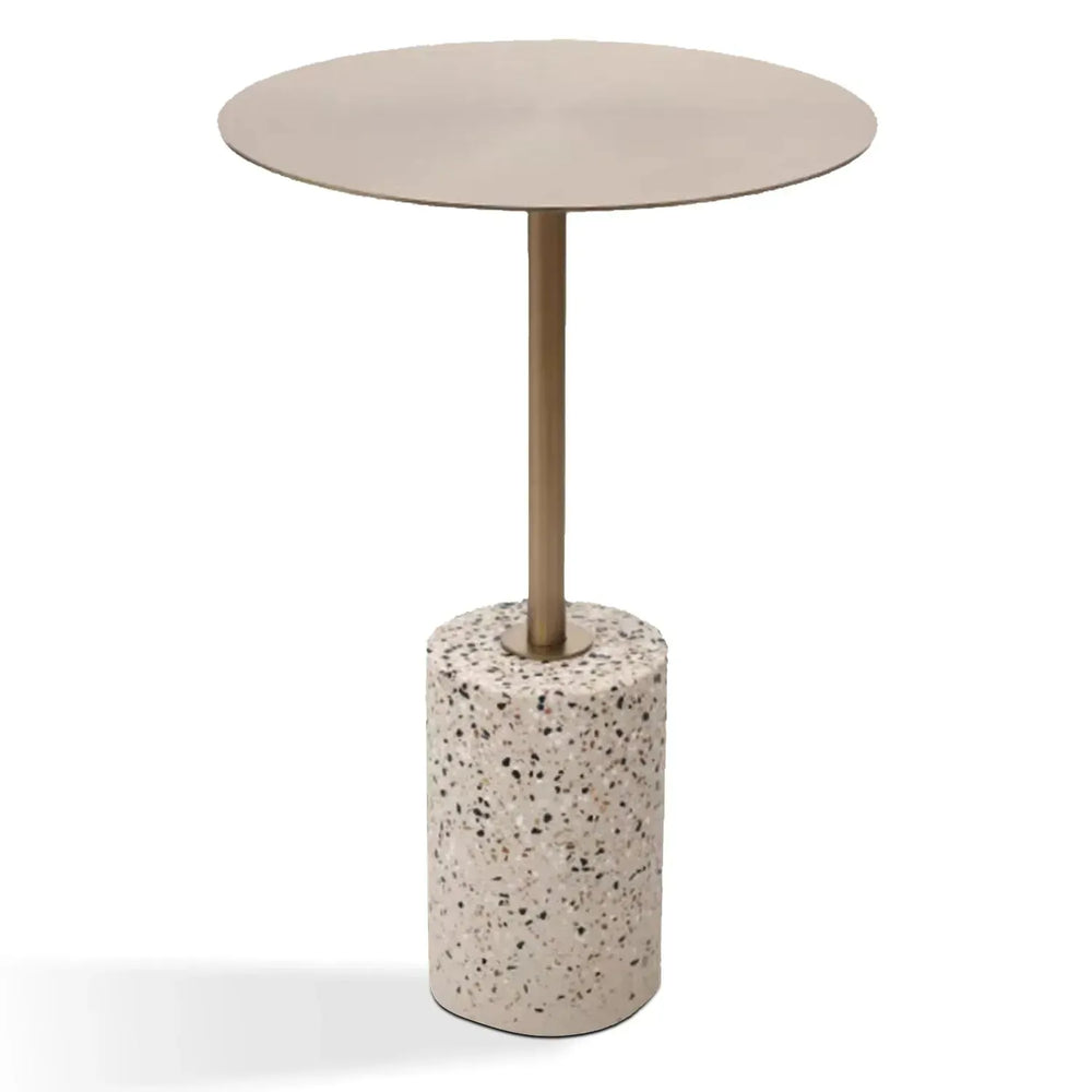 Modern terrazzo side table onyx in white background.