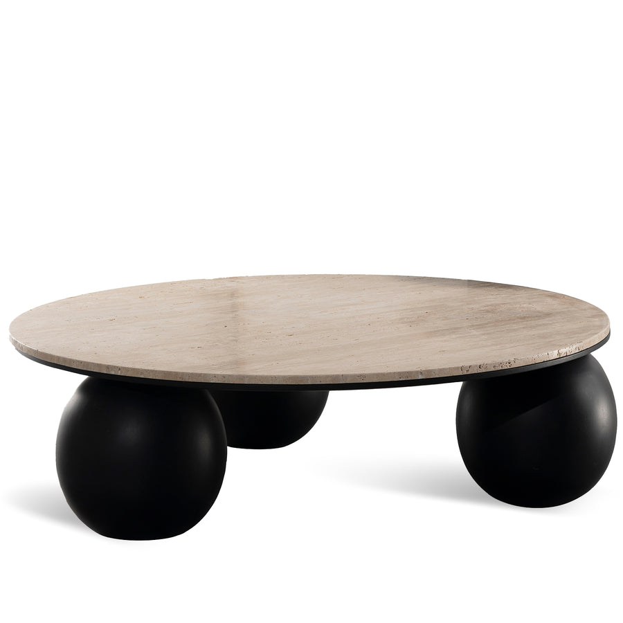 Japandi travertine stone coffee table muckety in white background.