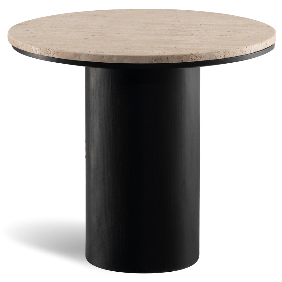 Japandi travertine stone side table muckety in white background.