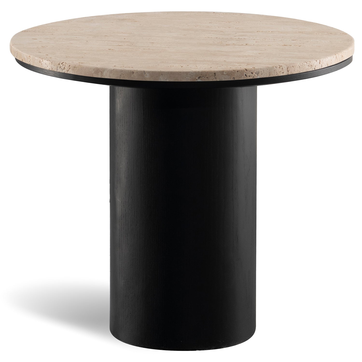Japandi travertine stone side table muckety in white background.