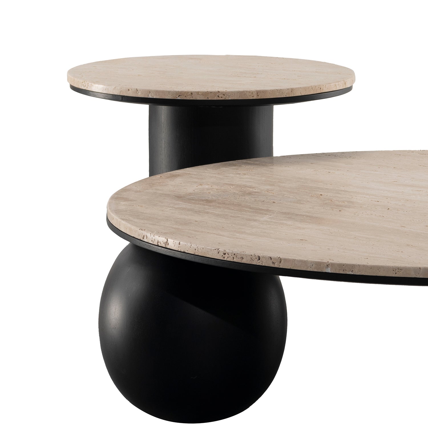 Japandi travertine stone side table muckety in close up details.
