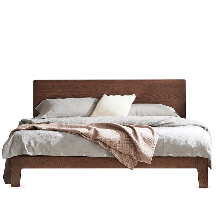 Scandinavian oak wood bed aperture in white background.