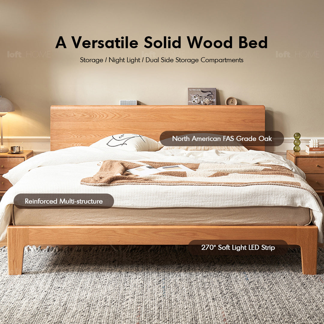 Scandinavian oak wood bed aperture in panoramic view.