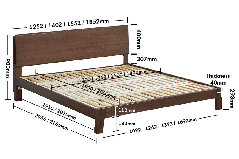 Scandinavian Oak Wood Bed APERTURE Size Chart